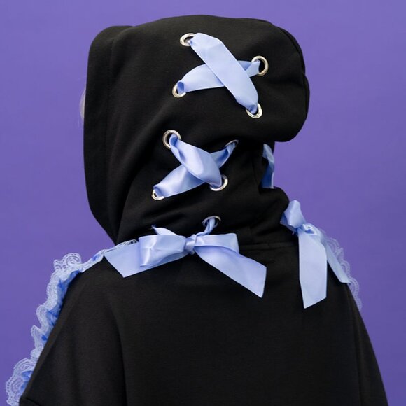 NEW ACDC RAG - Love Punk Lace & Ribbon Oversized Zip Up Hoodie - Picture 6 of 10